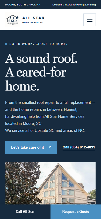Mobile view of the All Star Home Services website